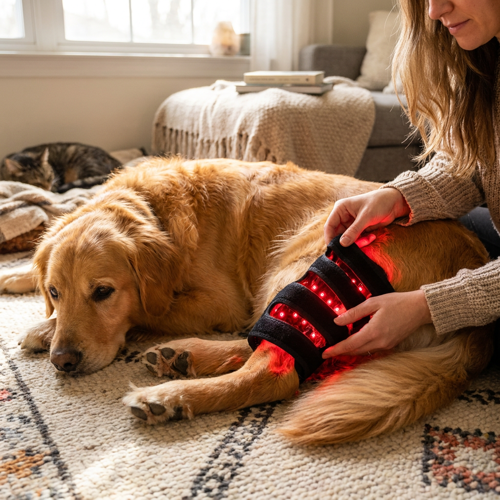 Red light therapy wrap on a dog leg lifestyle